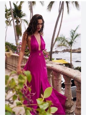 Free People Fuchsia Halter Plunging Maxi Dress